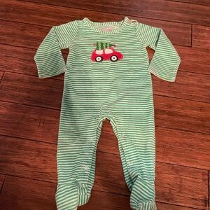 Mud Pie Green Striped Kids Footed One Piece with Red Christmas Car Design